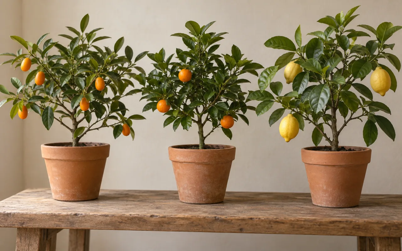 Trois jeunes agrumes en pots de terre cuite alignés sur un banc de bois, deux à petits fruits orange et un citronnier