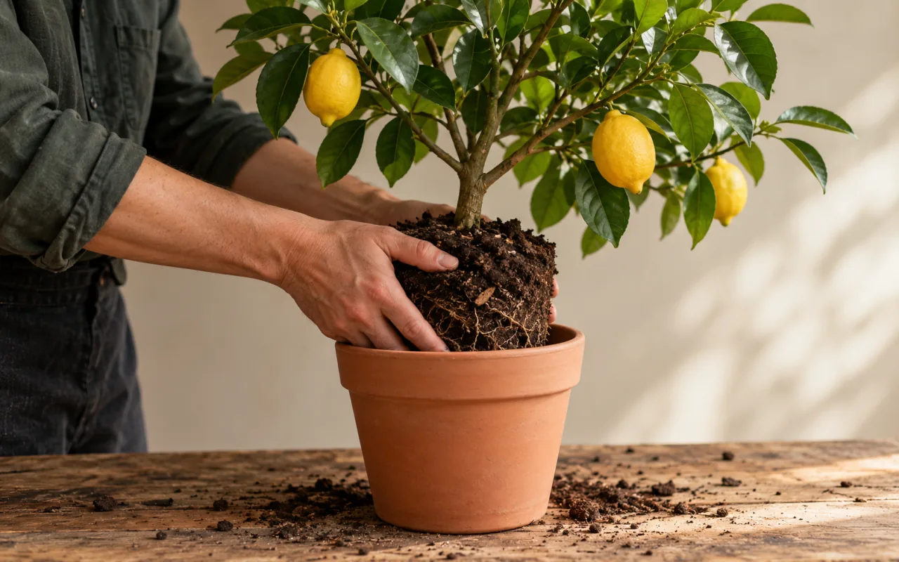 Mains déposant la motte d’un jeune citronnier dans un pot en terre cuite à peine plus large