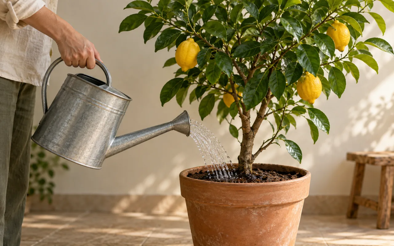 Arrosoir en métal galvanisé versant de l’eau au pied d’un citronnier en pot