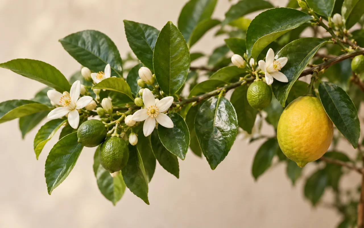 Rameau d’agrume portant des fleurs blanches, de jeunes fruits verts et un fruit jaune