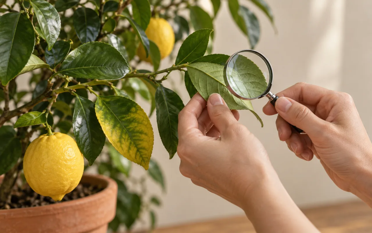 Mains examinant à la loupe une feuille de citronnier en pot, à côté d’une feuille qui jaunit