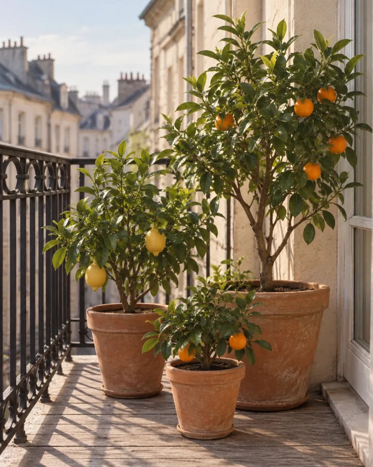 Trois agrumes en pots de terre cuite sur un balcon à garde-corps en fer forgé, devant des façades d’immeubles